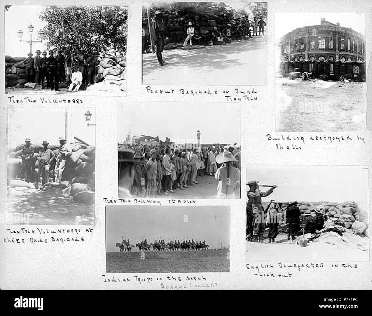 . English: 7.04 Tien Tsin volunteers, Indian troops, and English Bluejackets, 1900 . English: Captions on album page: Tien Tsin volunteers; Peanut baricade on Bund, Tien Tsin; Building destroyed by shells; Tien Tsin volunteers at their Raice [i.e., rice] Baricade; Tien Tsin railway station; Indian troops on the march, Bengal Lancers; English Blue Jackets on the Lookout . PH Coll 241.B4a-g Subjects (LCTGM): Volunteers--China--Tianjin; Barricades--China--Tianjin; War damage--China--Tianjin; Railroad stations--China--Tianjin; Lancers--Indian--China--Tianjin; Horses--China--Tianjin; Sailors--Briti Stock Photo