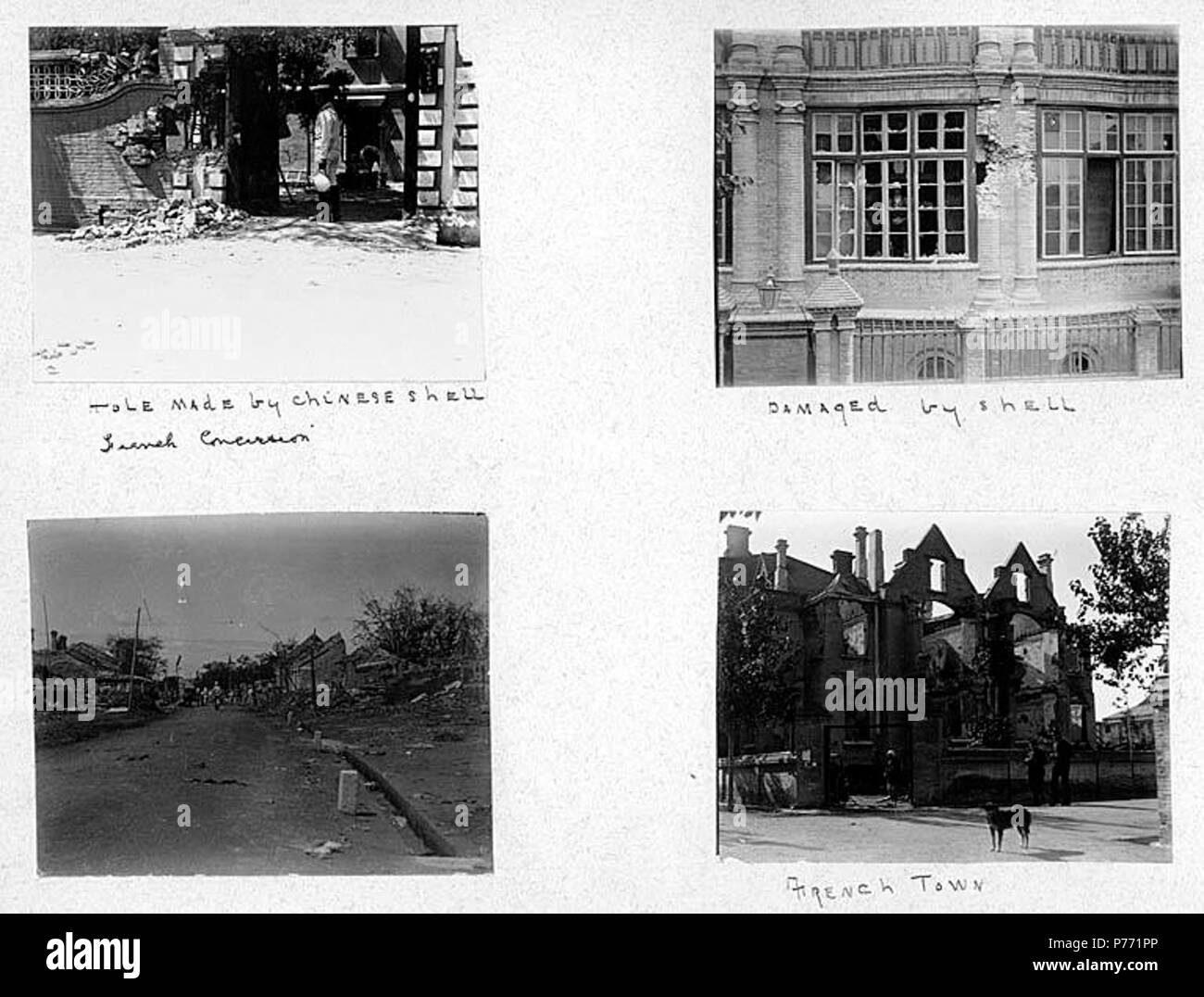 . English: 7.14 Aftermath of Boxer Rebellion, ca. 1899-1905 . English: Captions on album page: Hole made by Chinese shell; French Concession (); Damaged by shell; French town . PH Coll 241.B14a-d Subjects (LCTGM): War damage--China Subjects (LCSH): China--History--Boxer Rebellion, 1899-1901--Destruction and pillage; China--History--Boxer Rebellion, 1899-1901--Destruction and pillage; Buildings--War damage--China  . circa 1899-1905 1 714 Aftermath of Boxer Rebellion, ca 1899-1905 (CHANDLESS 10) Stock Photo