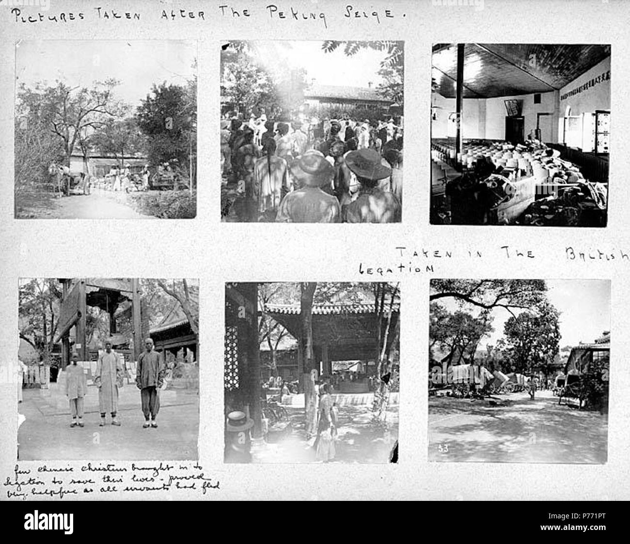 . English: 7.16 Aftermath of the Peking siege, 1900 . English: Captions on album page: Pictures taken after the Peking seige; Taken in the British legation; Few Chinese Christians brought in to legation to save their lives, proved very helpful as all servants had fled . PH Coll 241.B16a-f Subjects (LCTGM): War damage--China--Beijing; Embassies--British--China--Beijing; Chinese--Clothing & dress Subjects (LCSH): Beijing (China)--History--Siege, 1900--Destruction and pillage; China--History--Boxer Rebellion, 1899-1901--Destruction and pillage; Great Britain. Legation (China)--Siege, 1900; Buildi Stock Photo