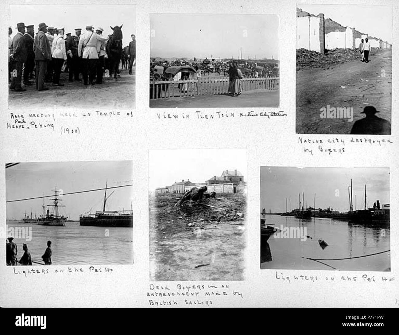 . English: 7.18 Aftermath of Boxer Rebellion, ca. 1899-1905 . English: Captions on album page: Race meeting held in Temple of Heaven Park, Peking (1900); View in Tien Tsin native city station; Native city destroyed by Boxers; Lighters on the Pei Ho; Dead Boxers in an entrenchment made by British sailors; Lighters on the Pei Ho . PH Coll 241.B18a-f Subjects (LCTGM): War damage--China; Parks--China--Beijing; Ethnic neighborhoods--China; Ships--China; Rivers--China; War casualties--China Subjects (LCSH): China--History--Boxer Rebellion, 1899-1901--Destruction and pillage; Whites--China  . circa 1 Stock Photo