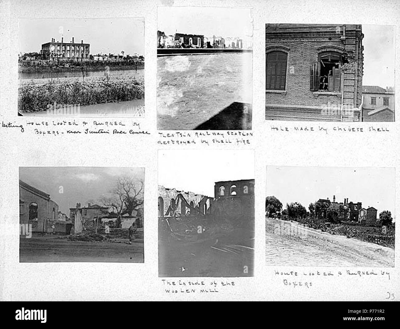 . English: 7.23 Damage to buildings by Boxers, Tientsin, ca. 1899-1901 . English: Captions on album page: House looted and burned by Boxers, near Tien Tsin race course; Tien Tsin Railway station destroyed by shell fire; Hole made by Chinese shell; The inside of the woolen mill; House looted and burned by Boxers . PH Coll 241.B23a-f Subjects (LCTGM): War damage--China--Tianjin Subjects (LCSH): China--History--Boxer Rebellion, 1899-1901--Destruction and pillage; Buildings--War damage--China--Tianjin; Railroad stations--War damage--China--Tianjin; Tianjin (China)--Buildings, structures, etc.  . c Stock Photo