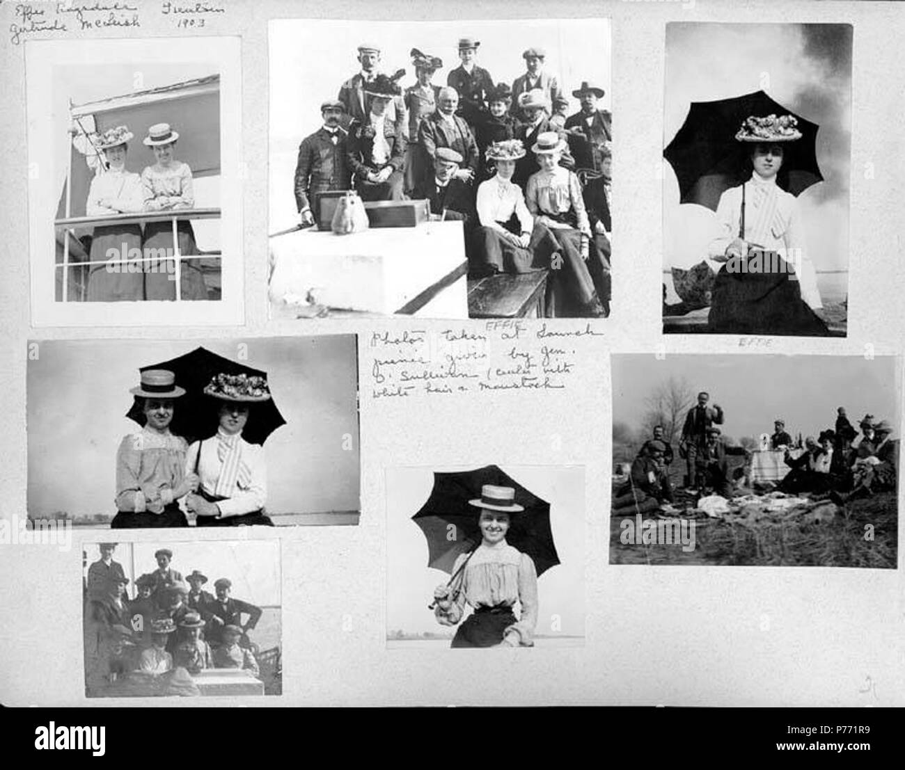 . English: 7.21 Effie Ragsdale, Gertrude McLeish, and friends on social outings, Tientsin, 1903 . English: Captions on album page: Effie Ragsdale, Gertrude McLeish, Tien Tsin, 1903; Effie; Photos taken at lunch picnic given by Gen. O'Sullivan (center with white hair and moustach [i.e. mustache]); Effie . PH Coll 241.B21a-g Subjects (LCTGM): Women--Clothing & dress--China--Tianjin; Hats; Umbrellas; Picnics--China--Tianjin; Eating & drinking--China--Tianjin Subjects (LCSH): Ragsdale, Effie; McLeish, Gertrude; Whites--China--Tianjin; Portraits, Group  . 1903 1 721 Effie Ragsdale, Gertrude McLeish Stock Photo