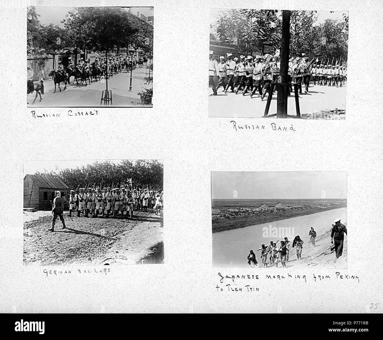 . English: 7.25 International soldiers, ca. 1899-1901 . English: Captions on album page: Russian Cossac's [i.e. Cossacks]; Russian band; German sailors; Japanese marching from Peking to Tien Tsin . PH Coll 241.B25a-d Subjects (LCTGM): Soldiers--Russian--China; Sailors--German--China; Soldiers--Japanese--China; Military bands--Russian Subjects (LCSH): China--History--Boxer Rebellion, 1899-1901; Cossacks--China  . circa 1899-1901 1 725 International soldiers, ca 1899-1901 (CHANDLESS 70) Stock Photo