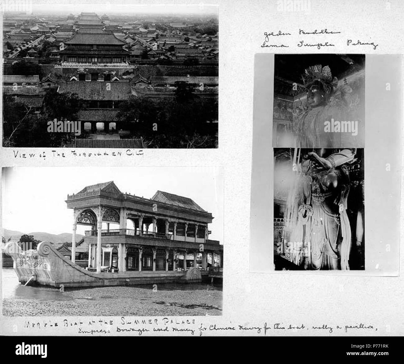 . English: 7.29 Peking scenes, ca. 1903 . English: Captions on album page: View of the Forbidden City; Golden Buddha, Lama Temple, Peking; Marble boat at the Summer Palace, Empress Dowager used money for Chinese navy for this boat, really a pavillion . PH Coll 241.B29a-c Subjects (LCTGM): Castles & palaces--China--Beijing; Buddhas--China--Beijing; Buddhist temples--China--Beijing; Pavilions--China--Beijing Subjects (LCSH): Forbidden City (Beijing, China); Gautama Buddha--Art; Sculpture, Buddhist--China--Beijing; Buddhist art and symbolism--China--Beijing; Yong he gong (Beijing, China); Yihe Yu Stock Photo