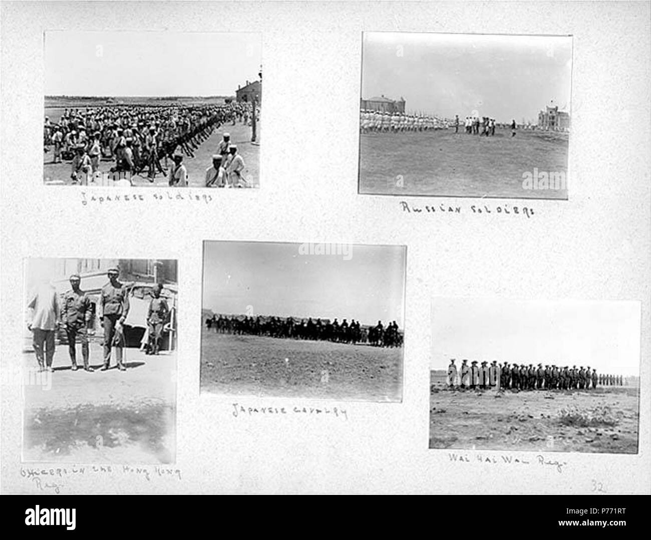. English: 7.33 Japanese, Russian, and Chinese troops, ca. 1899-1901 . English: Captions on album page: Japanese soldiers; Russian soldiers; Officers in the Hong Kong Reg.; Japanese cavalry; Wai Hai Wai Reg . PH Coll 241.B33a-e Subjects (LCTGM): Soldiers--China; Cavalry--Japanese--China; Horses--China; Military officers--Chinese--China; Military uniforms--China Subjects (LCSH): China--History--Boxer Rebellion, 1899-1901; Hong Kong. Royal Hong Kong Defence Force. Hong Kong Regiment; Portraits, Group  . circa 1899-1901 1 733 Japanese, Russian, and Chinese troops, ca 1899-1901 (CHANDLESS 64) Stock Photo