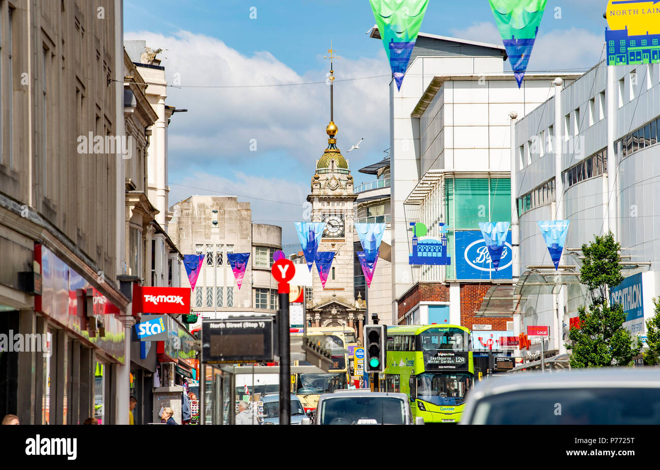 Busy North Street in Brighton UK with traffic and buses Stock Photo