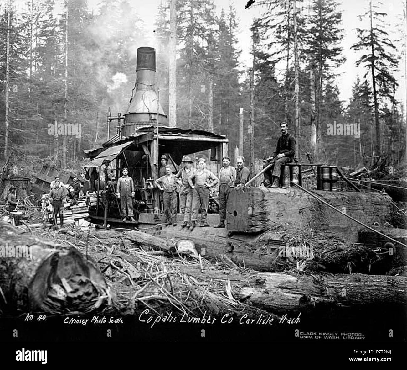. English: Crew with donkey engine, Copalis Lumber Company, near Carlisle, ca. 1917 . English: Caption on image: Copalis Lumber Co., Carlisle, Wash. C. Kinsey Photo, Seattle. No. 40 PH Coll 516.814 The Copalis Lumber Company was in business in Carlisle from 1914 to 1920. It's logging railroad was absorbed into the Carlisle Lumber Company. Carlisle is a small settlement on the Copalis River four miles east of the Pacific Ocean in southwest Grays Harbor County. When established in 1912 by the Carlisle Lumber Company, it was a busy logging and sawmill center. It continued to be active until the c Stock Photo