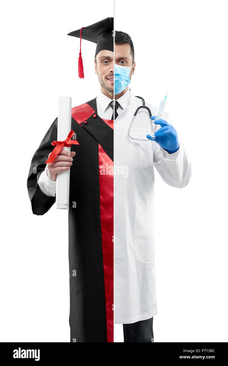 Comparison of doctor and university graduate's outlook. Student wearing black and red graduation
