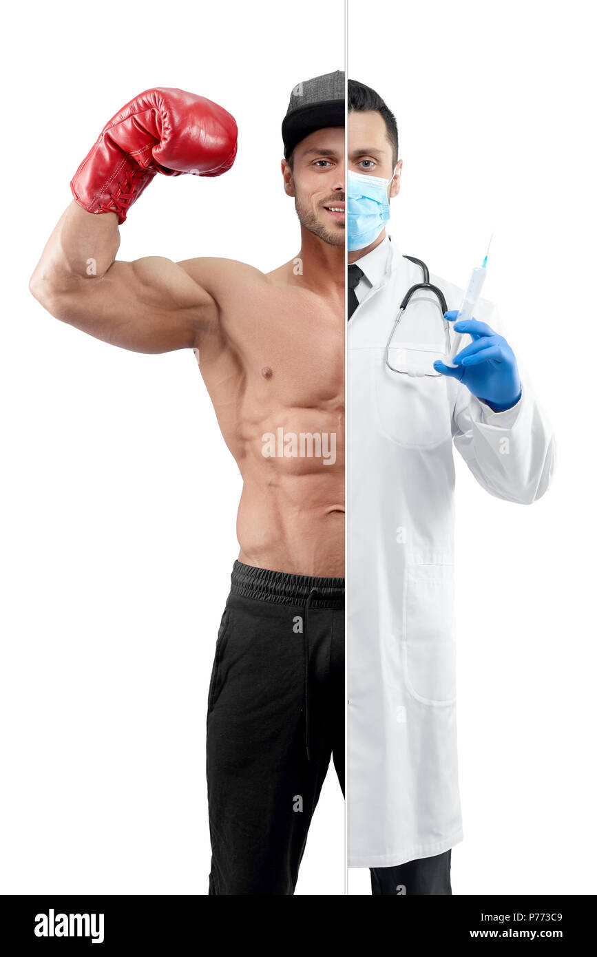 Comparison of doctor and boxer's profession outlook. Boxer wearing red boxer gloves ,sport trousers, a cap. Doctor wearing white medical gown, blue gl Stock Photo