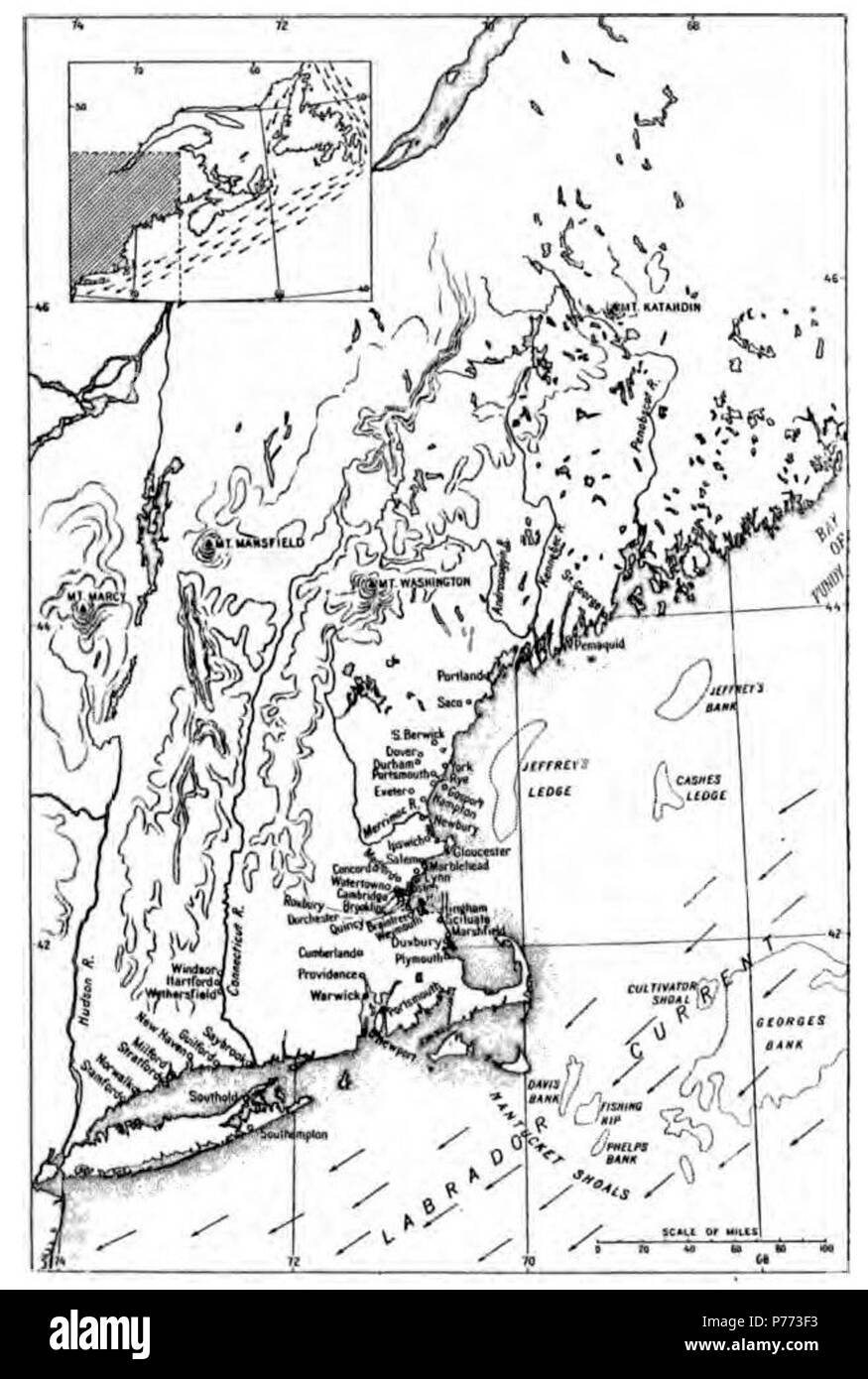 A map of New England, from source:The Founding of New England, by w:James Truslow Adams . 1921 6 JTA New England Map Stock Photo