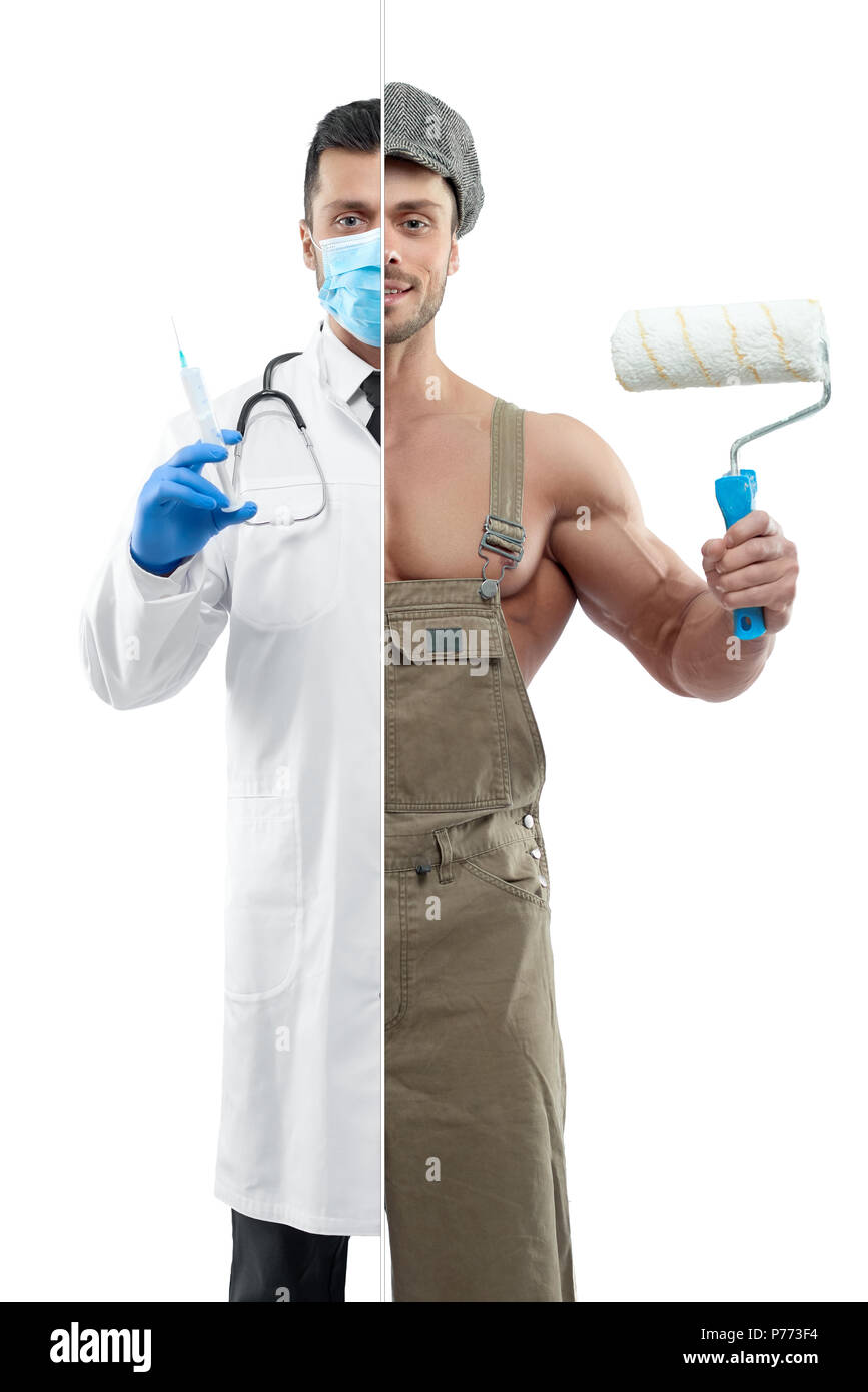 Comparison of doctor and painter's profession outlook. Doctor wearing
