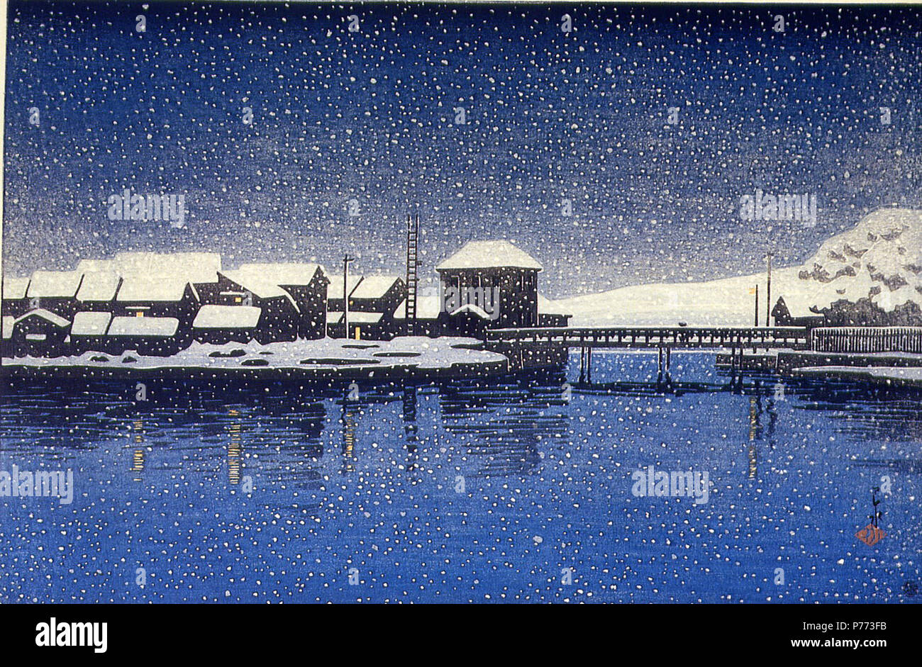 :  English: Kawase Hasui: Port of Ebisu on Sado Island (Sado Ebisu minato), from the series Souvenirs of Travel II (Tabi miyage dai nishû) . Vertical ôban; 26.5 x 39.1 cm (10 7/16 x 15 3/8 in.) . December 1921 6 Kawase Ebisu-11 Stock Photo