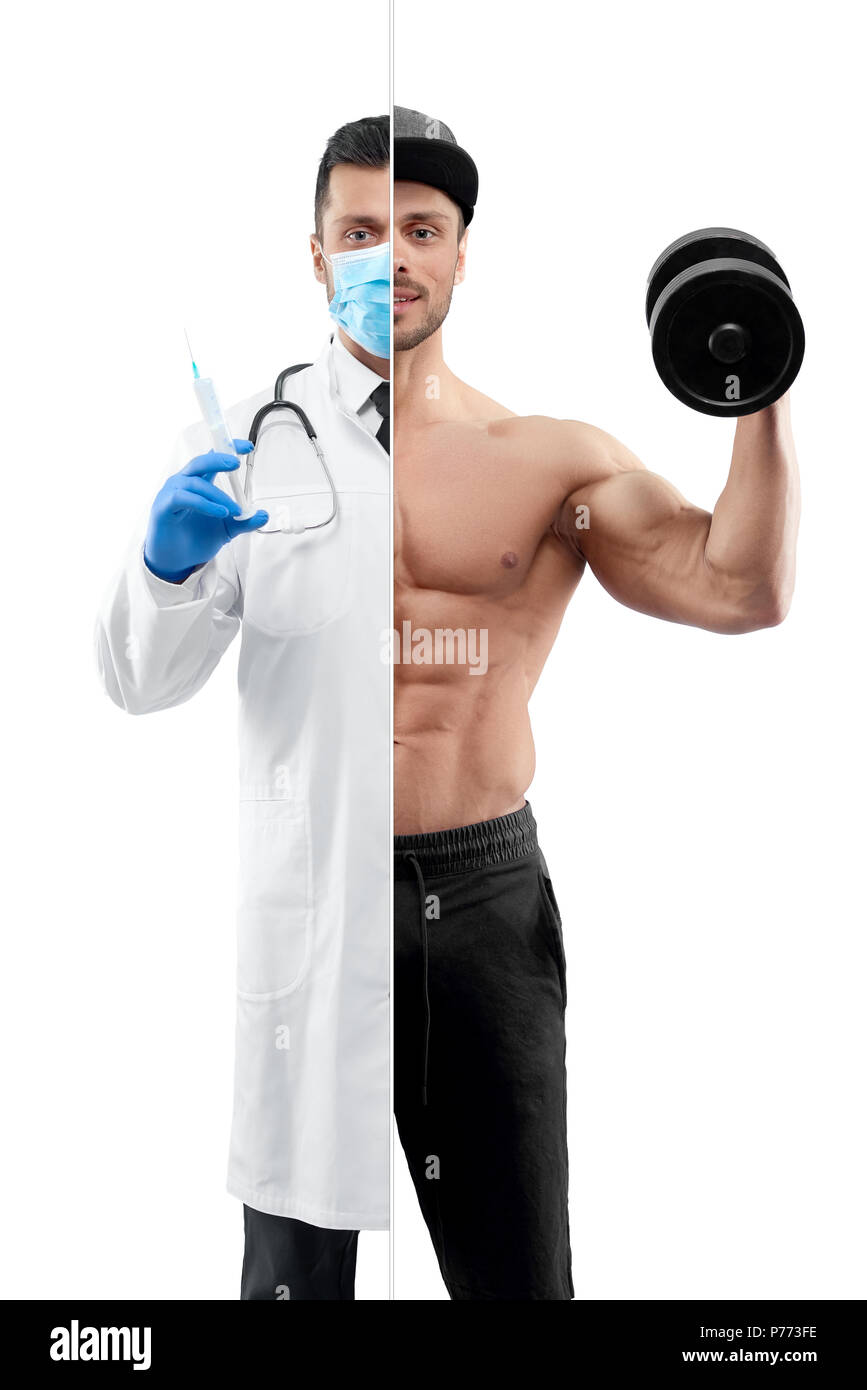 Comparison of doctor and bodybuilder's profession outlook. Fitnesstrainer holding heavy dumbbell, wearing black trousers. Doctor wearing white medical Stock Photo