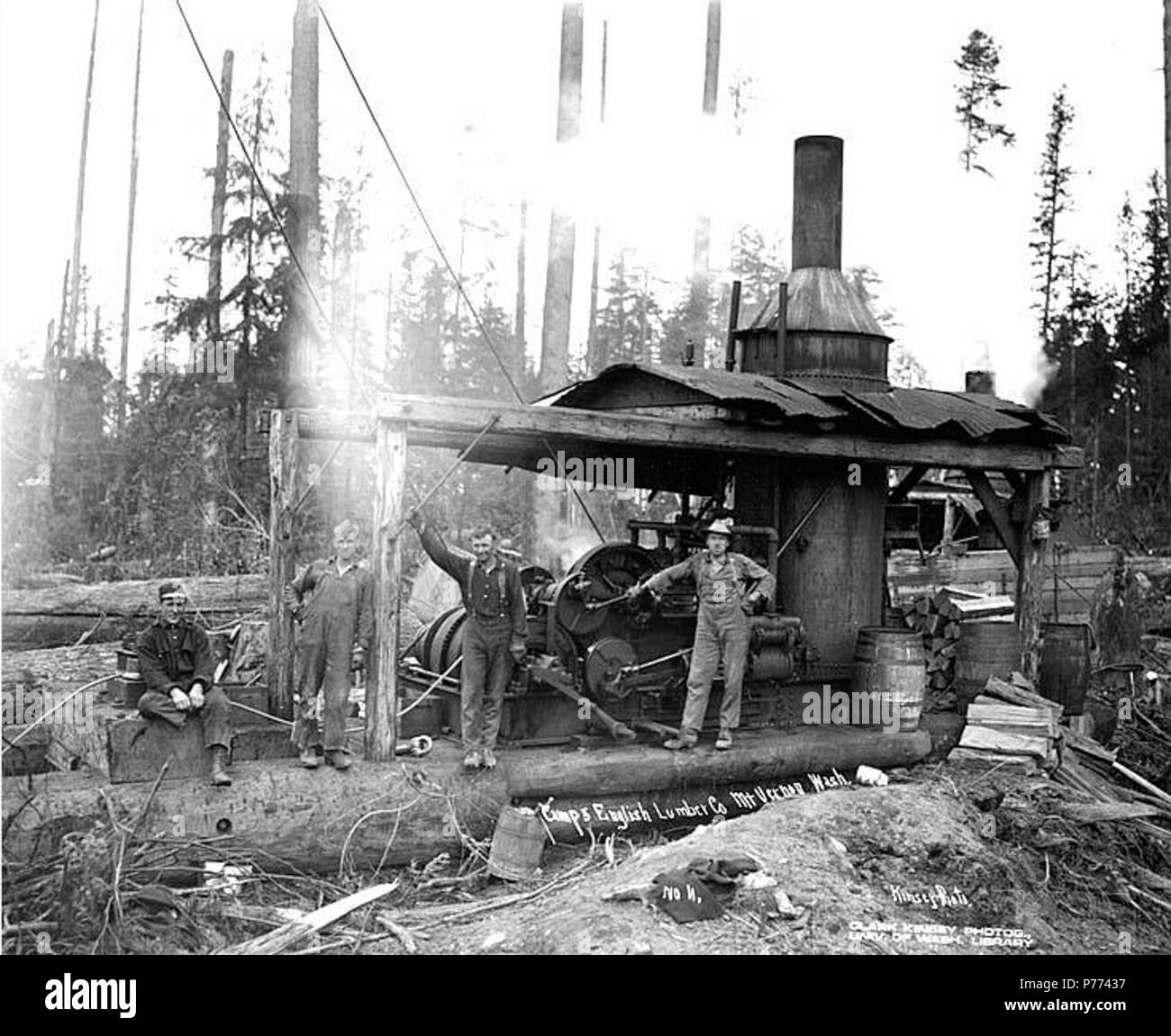 . English Logging crew and donkey engine, English Lumber Company camp
