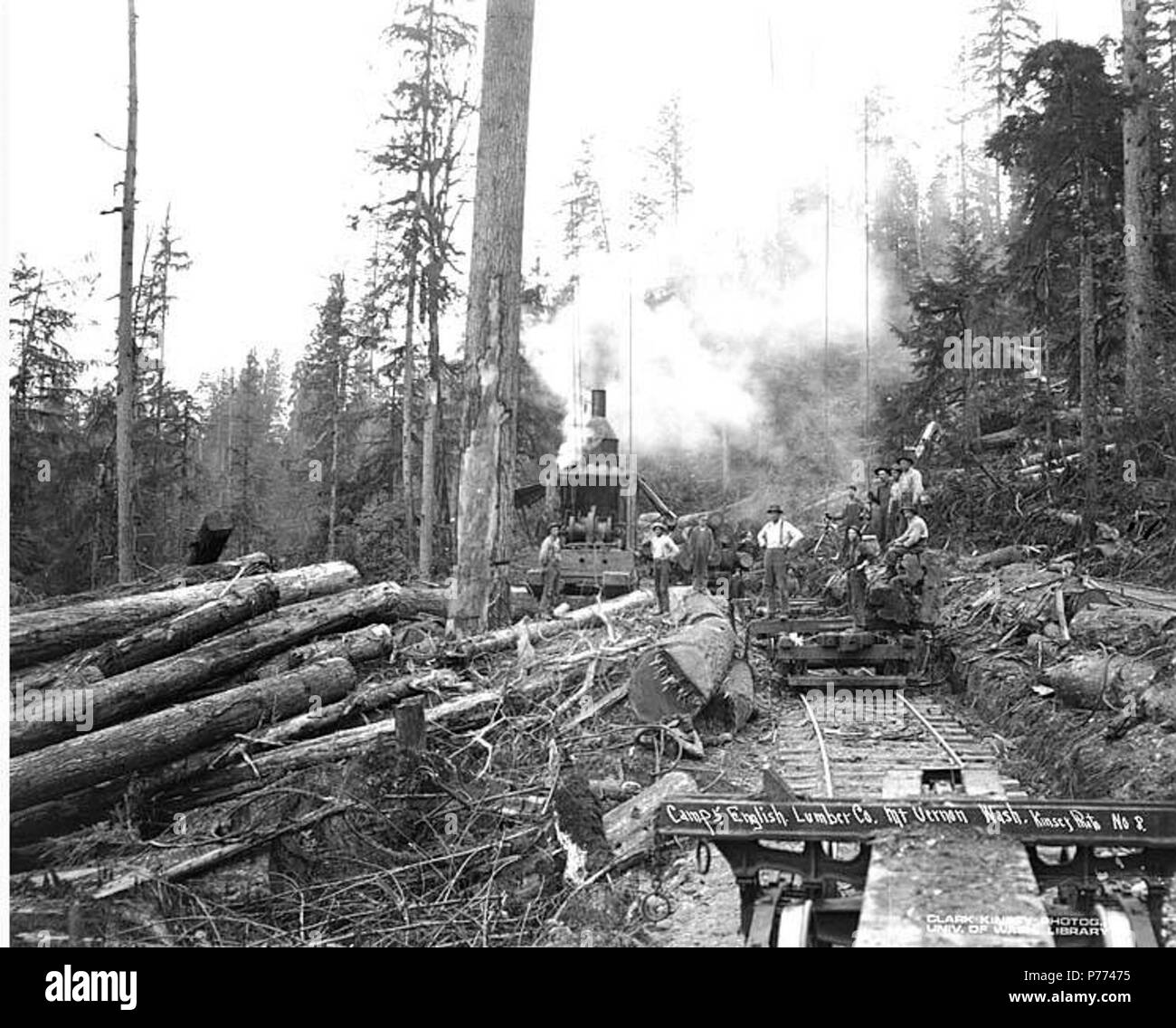 . English Logging crew, donkey engine, and logging railroad flatbed