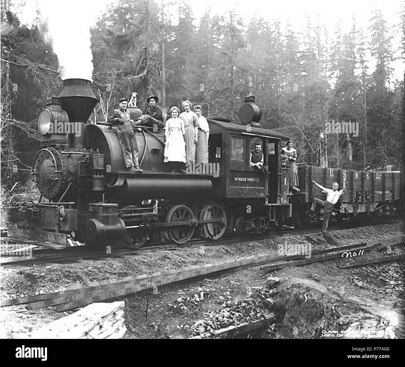 English: Men, women and dog with Wynooche Timber Company 0-6-4 side-tank  locomotive no. 1, Montesano, ca. 1921 . English: Caption on image: No. 11  PH Coll 516.5181 The Wynooche Timber Company