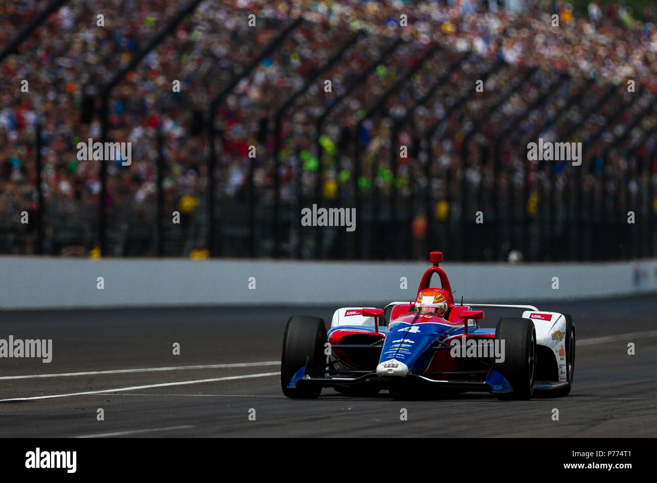 Racing driver Matheus Leist of the AJ Foyt Enterprises team on track in his number 4 car at the Indy 500 race. Credit: Shivraj Gohil / Spacesuit Media. Stock Photo