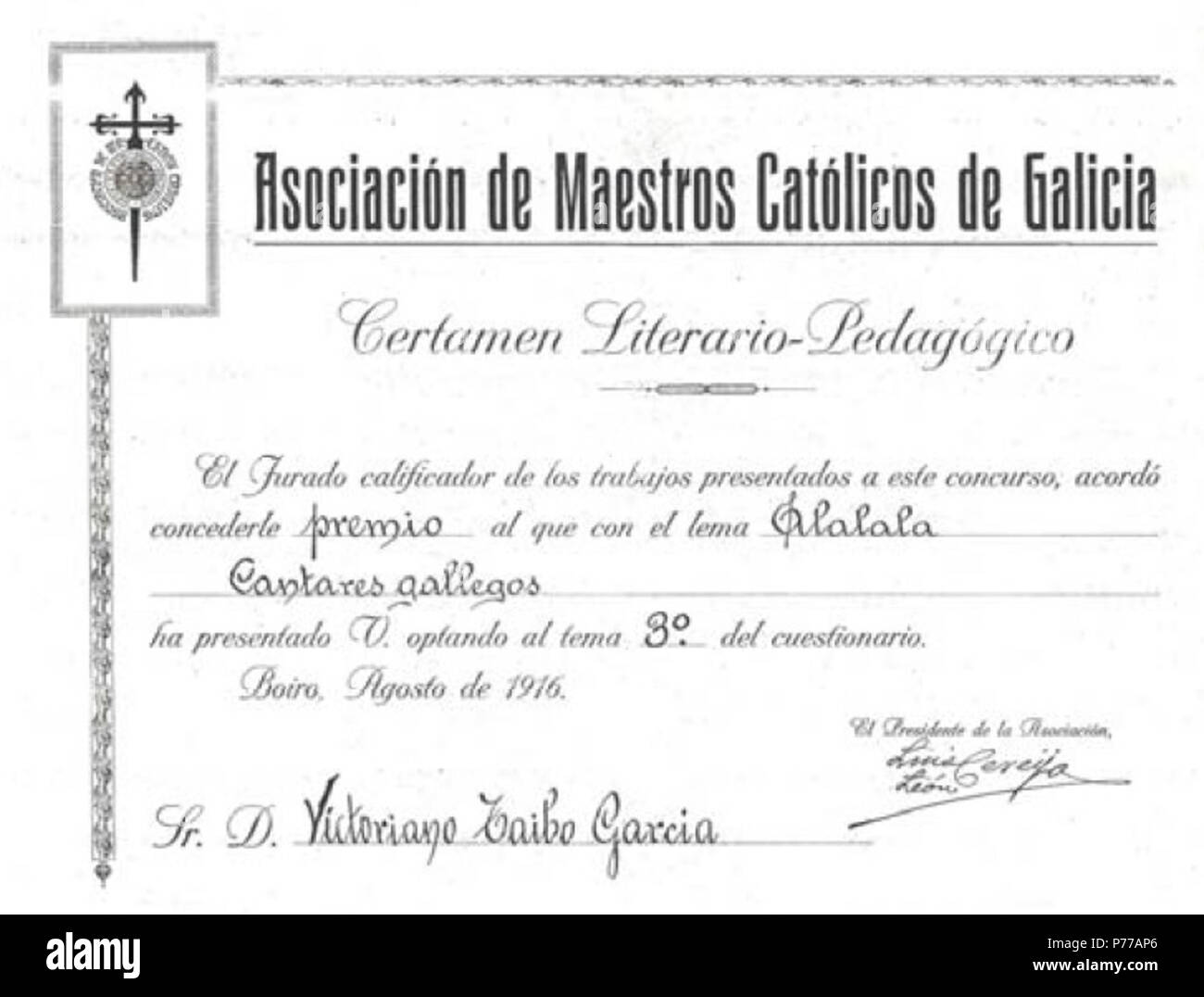 17 Certamen literario-pedagógico, premio a Victoriano Taibo García, Boiro, Agosto de 1916 Stock Photo