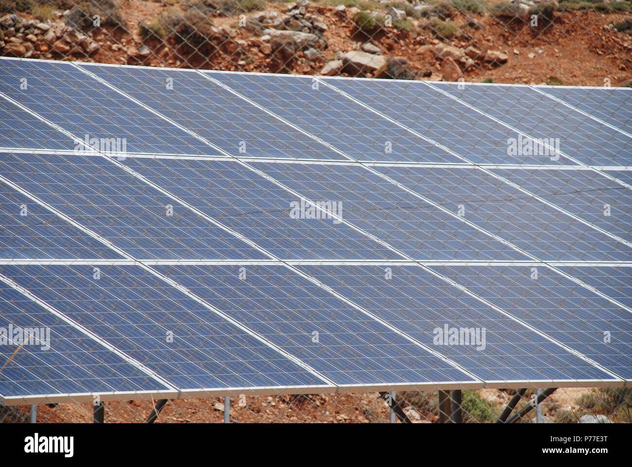 The solar power station on the Greek island of Tilos on June 20, 2018. The island aims to become self sufficient in power through renewable energy. Stock Photo
