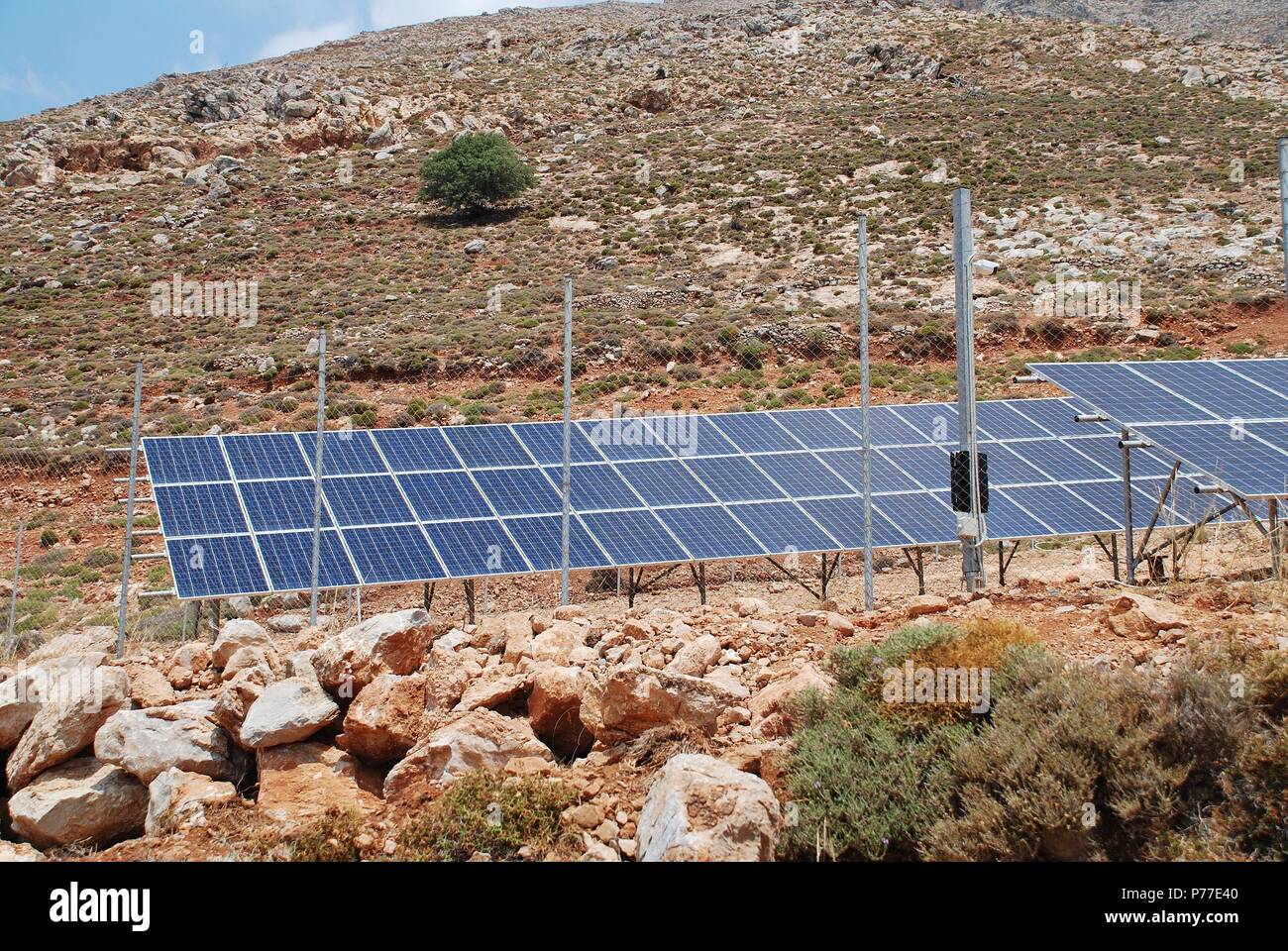 The solar power station on the Greek island of Tilos on June 20, 2018. The island aims to become self sufficient in power through renewable energy. Stock Photo
