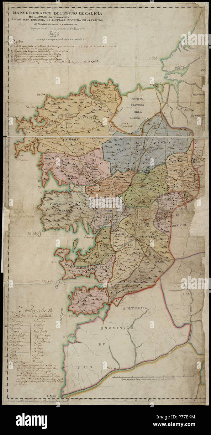 45 Mapa da antiga provincia de Santiago (Reino de Galicia) e proposta de división en partidos xudicias (1813) Stock Photo