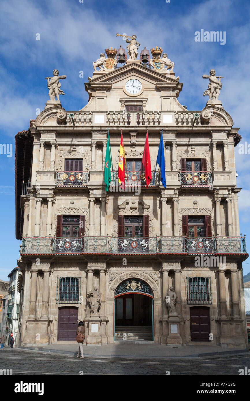 Spain, Pamplona, Town Hall facade. Stock Photo