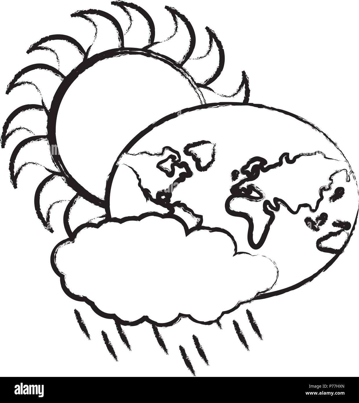 sun and earth planet with rainy cloud icon over white background ...