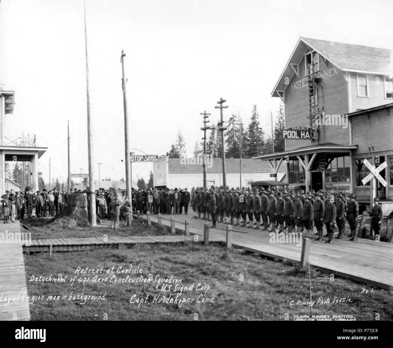 . English: Retreat at Carlisle, Warren Spruce Company, ca. 1918 . English: Caption on image: Retreat at Carlisle, Detachment of 421 Aero Construction Squadron, U.S. Signal Corp., Loyal Legion men in background, Capt. Huidekoper Com'd, No.1 PH Coll 516.4575 During World War I, the United States government created the Spruce Production Division in the Pacific Northwest in order to quickly obtain access to spruce trees to be used in constructing airplanes. The Spruce Production Division was created in reaction to a shortage in labor in the Northwest due to a lumber strike in 1917 led by the Inter Stock Photo