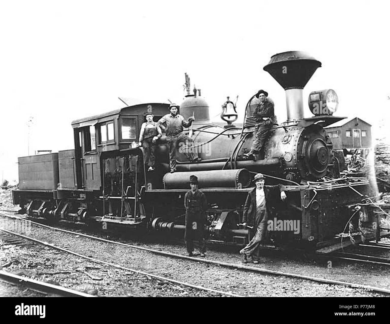 . English: St. Paul and Tacoma Lumber Company's three-truck Shay locomotive no. 4, ca. 1922 . English: Caption on image: St. Paul & Tacoma Timber Co. C. Kinsey Photo, Seattle. No. 478 PH Coll 516.3302 On June 4, 1888, the St. Paul & Tacoma Lumber Co. incorporates. The incorporators are lumber and real estate magnates who arrive that day by train from Minnesota and Wisconsin. The next day Tacoma headlines shout the event: 'The monster milling company of Tacoma organized.' The firm, known locally as the St. Paul, spurs what the historian Murray Morgan calls the greatest boom in Tacoma's history. Stock Photo