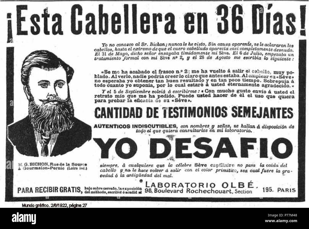 Español: -Laboratio Olbe Paris esta cabellera en 36 dias . 2 August 1922 1 1922-Laboratio-Olbe-Paris-esta-cabellera-en-36-dias Stock Photo