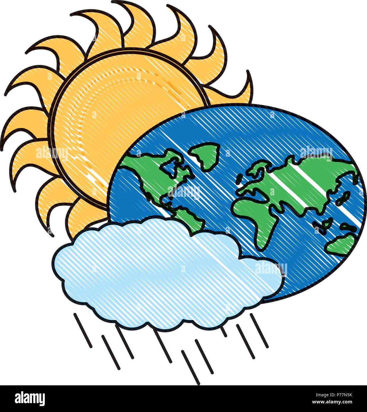 sun and earth planet with rainy cloud icon over white background ...