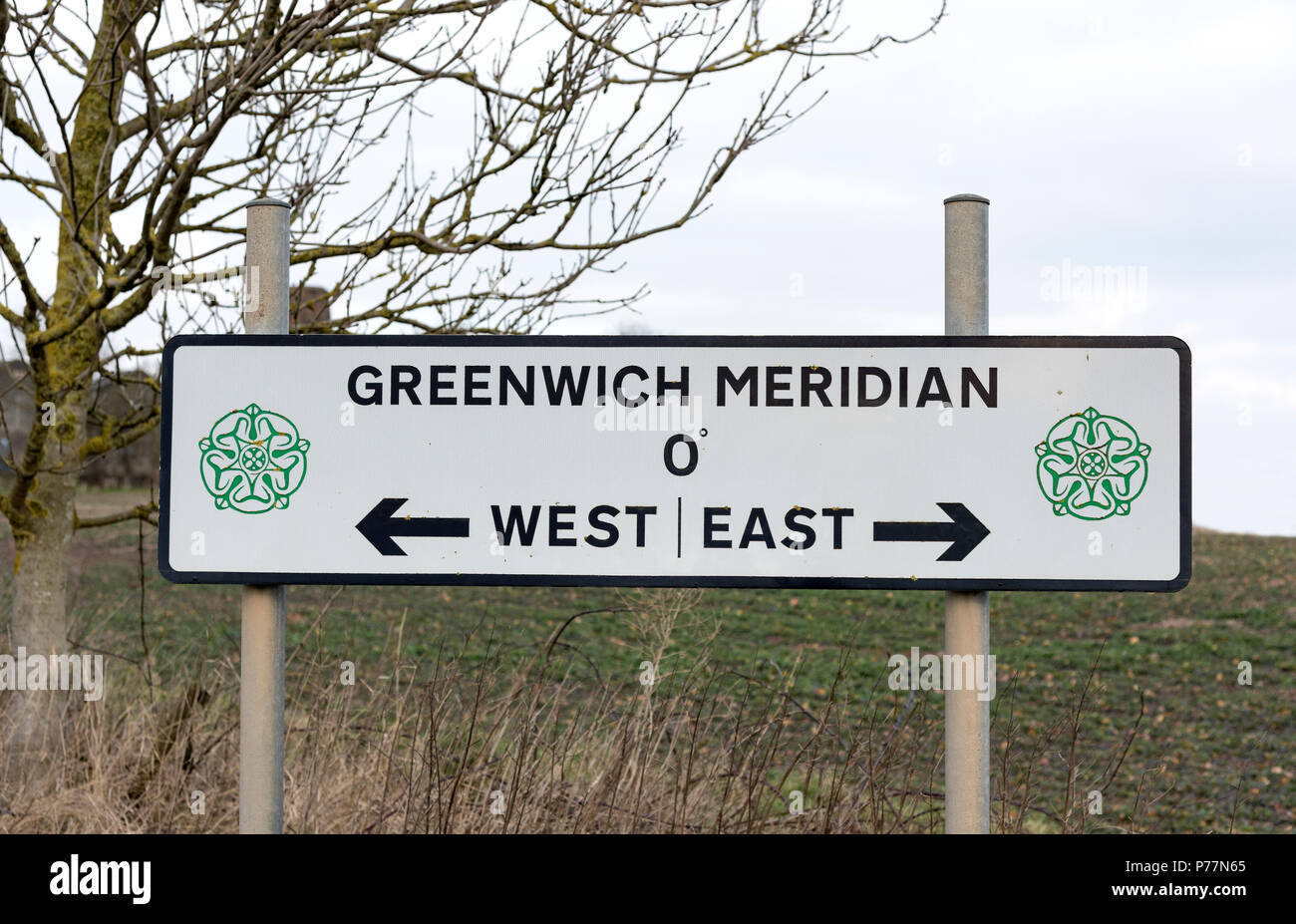 The Greenwich meridian sign at Patrington in East Yorkshire Stock Photo