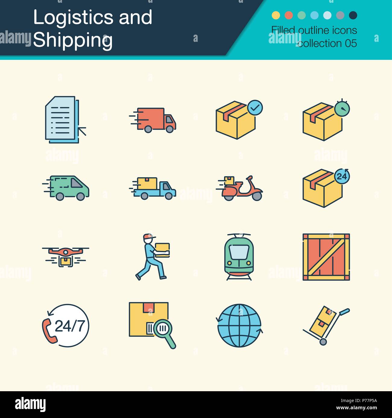 Logistics and Shipping icons. Filled outline design collection 5. For presentation, graphic design, mobile application, web design, infographics. Vect Stock Vector