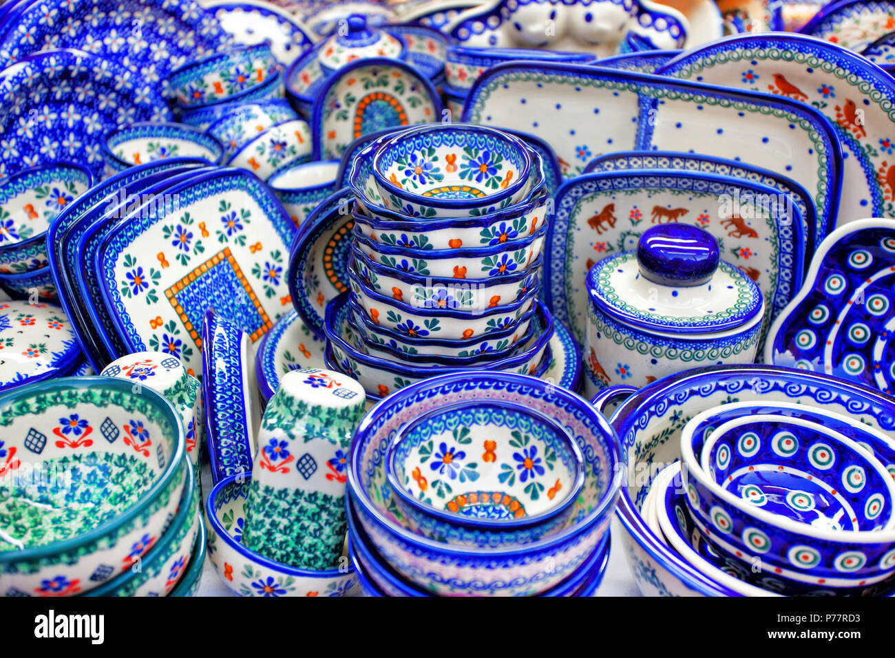 Blue handmade traditional polish pottery Stock Photo
