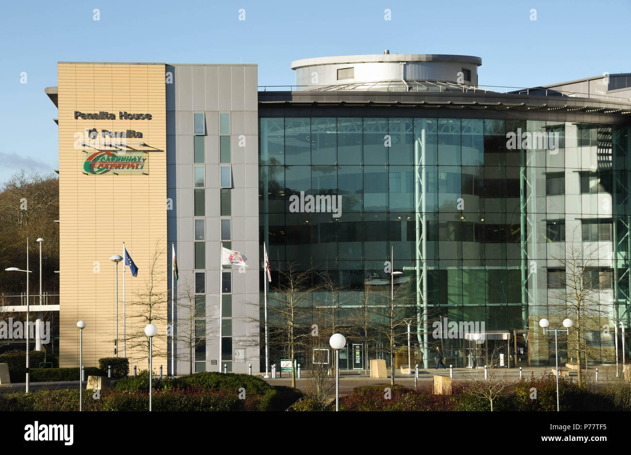 Landscape view of the Caerphilly County Council headquarters offices at