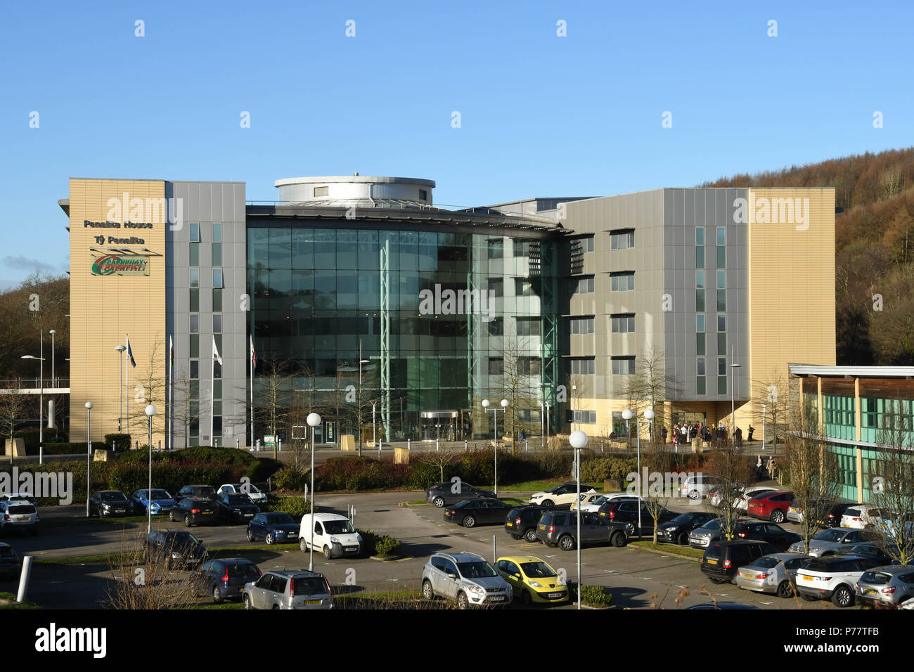 Landscape view of the Caerphilly County Council headquarters offices at