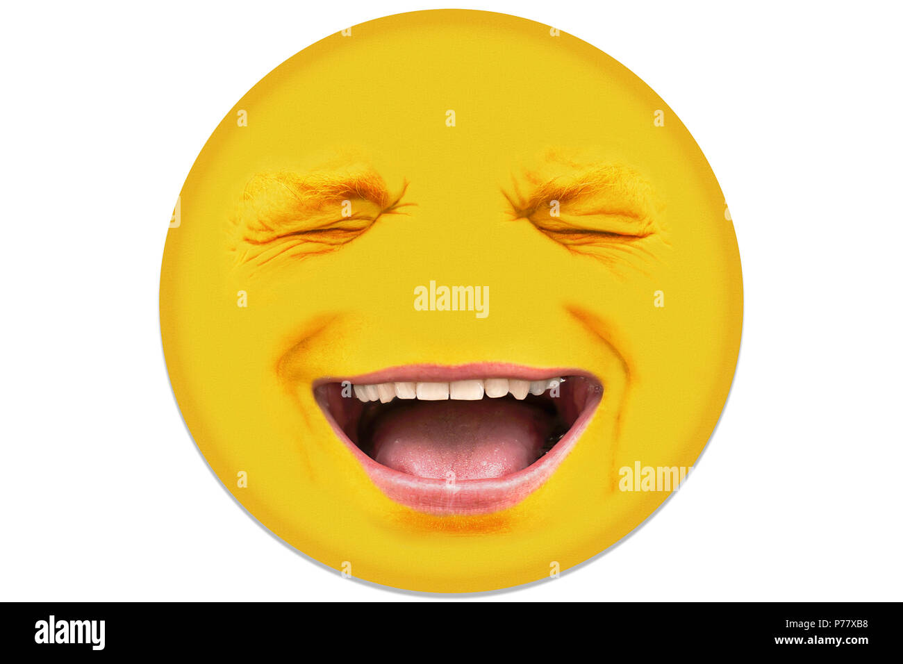 A man in his mid 40s laughs. The facial features have a lot of facial expressions. The face is circular cut out and isolated against white background. Stock Photo