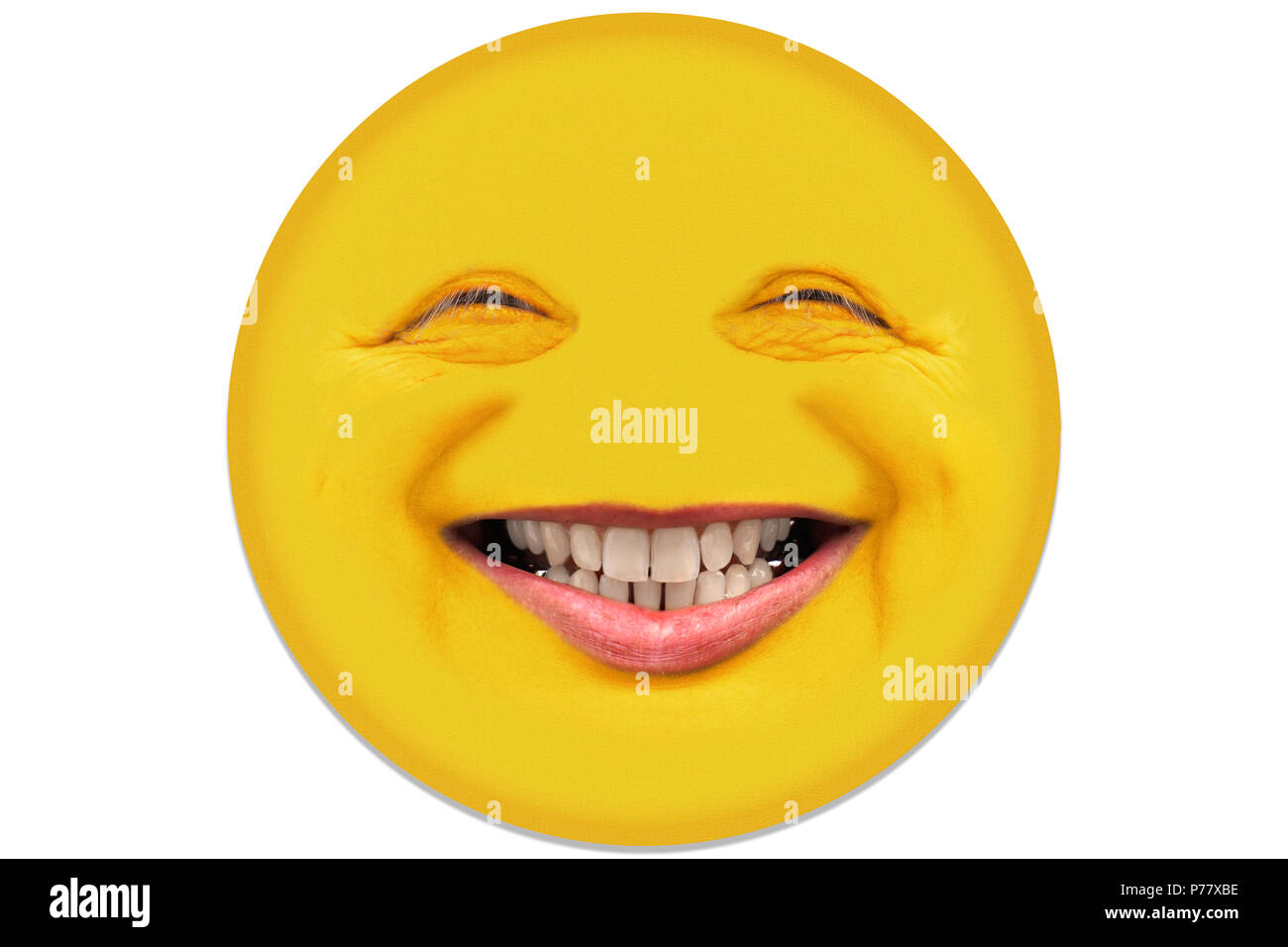 A man in his mid 40s laughs. The facial features have a lot of facial expressions. The face is circular cut out and isolated against white background. Stock Photo