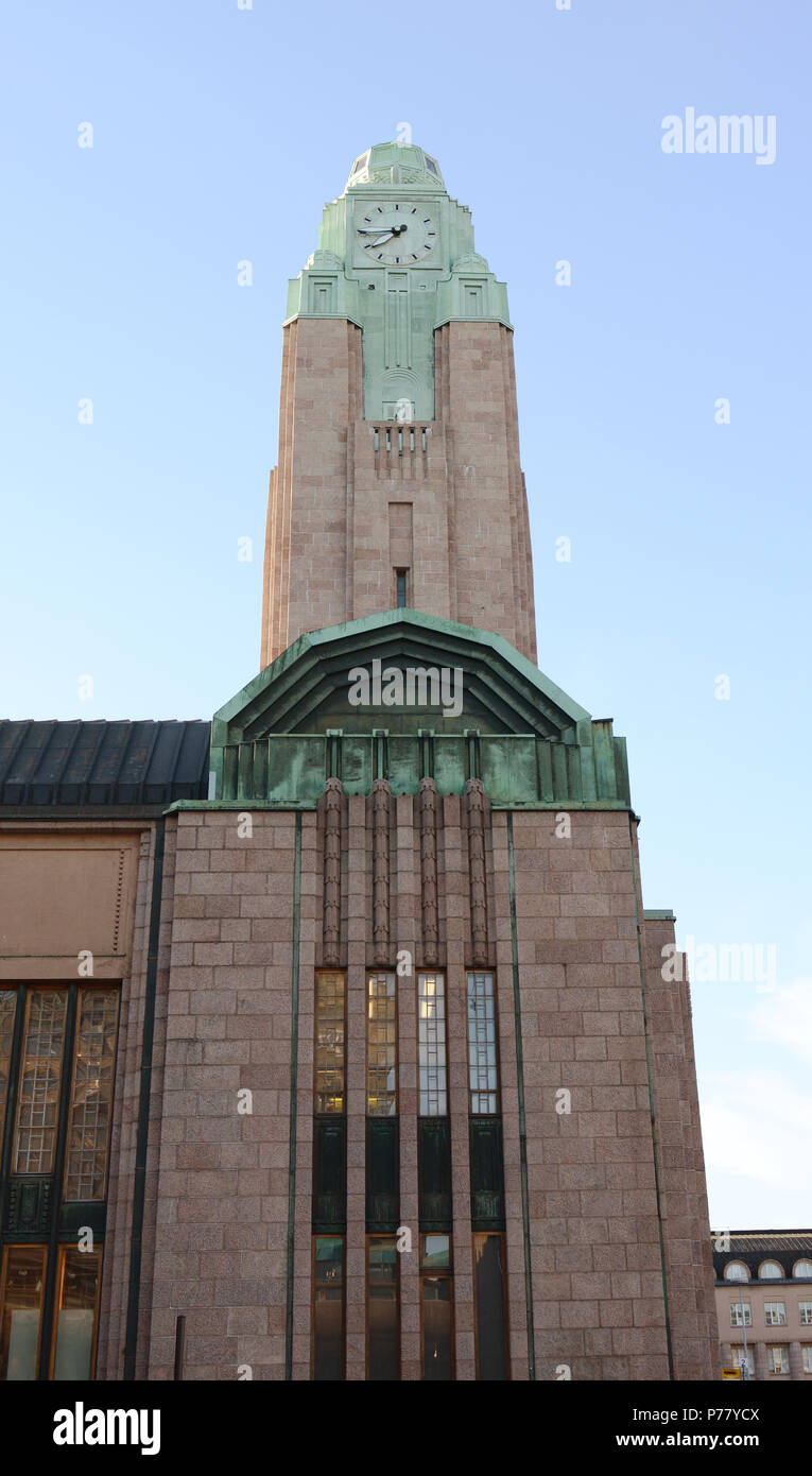 HELSINKI, FINLAND - May 13, 2018: Clock tower of Helsinki Central Station on Kaivokatu in the city centre Stock Photo