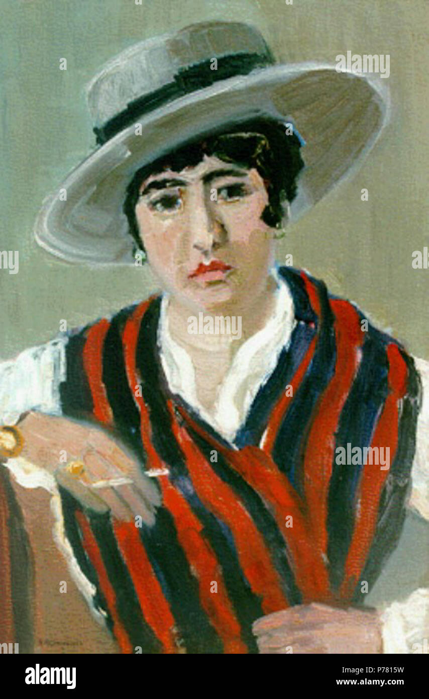 Nederlands: Dame met grijze hoed en sigaret, olieverf op doek 60 x 40,3 cm., gesigneerd l.o. before 1941 5 Berend Groeneveld Dame met grijze hoed en sigaret Stock Photo