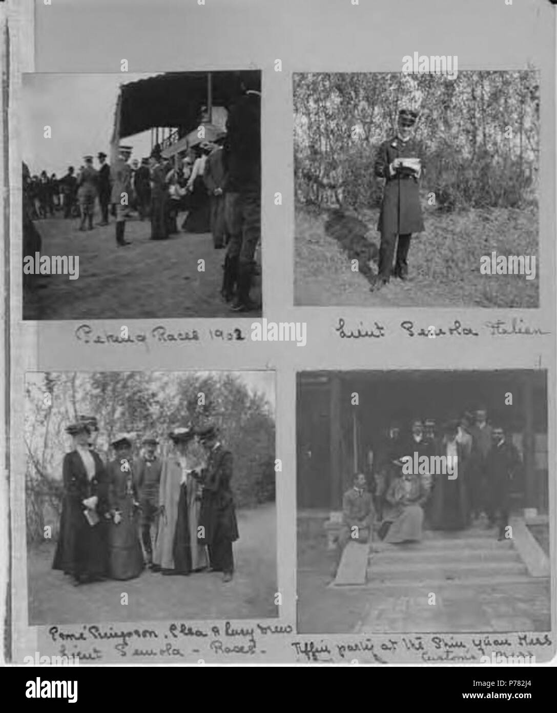 . English: People at Peking races; and party at the Shui Yuan mess, 1902 . English: Clockwise from upper left: People at Peking races, Lieutenant Severola, Esme Simpson, Elsa & Lucy Drew, Lieut. Severola at the races, Group of people on steps. Written on page: Tiffie party at the Shui Yuan mess (Customs mess) . PH Coll 214.C7 . 1902 10 People at Peking races; and party at the Shui Yuan mess, 1902 (CHANDLESS 106) Stock Photo