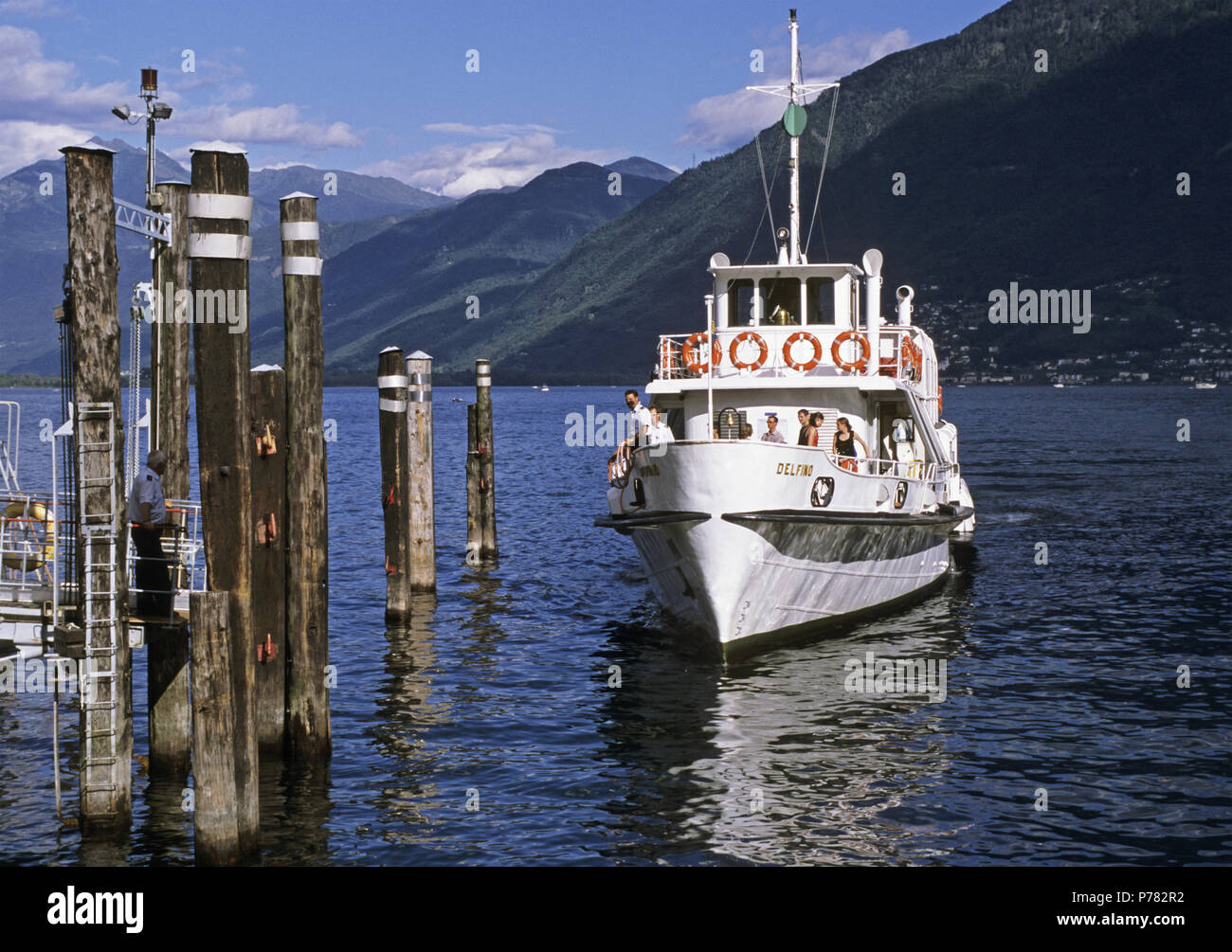Tourist boat arriving at the pier, Lake Maggiore, Locarno, Canton Ticino, Switzerland, Stock Photo