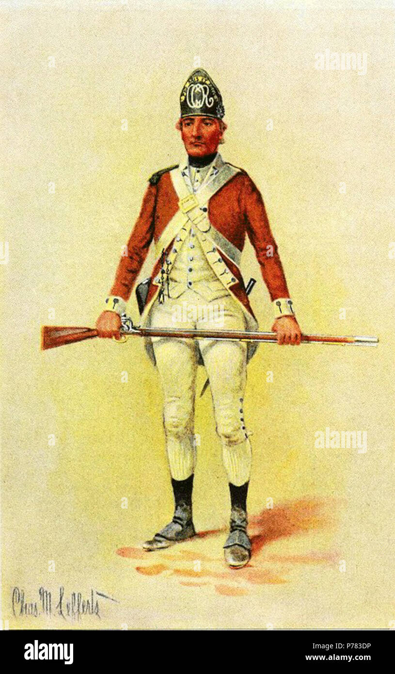 A watercolor drawing depicting the uniform of the Continental Army's 2nd Canadian Regiment. Published 1926 in Uniforms of the American, British, French, and German armies in the War of the American Revolution, 1775-1783 2 2ndCanadianRegimentalUniform Stock Photo