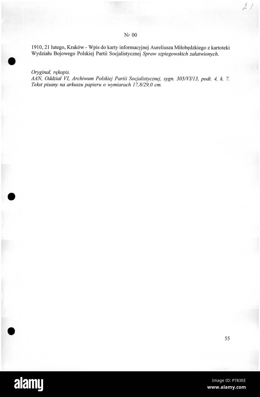 2 Józef Piłsudski - Wpis do karty informacyjnej Aureliusza Miłobędzkiego - 701-001-100-021 Stock Photo