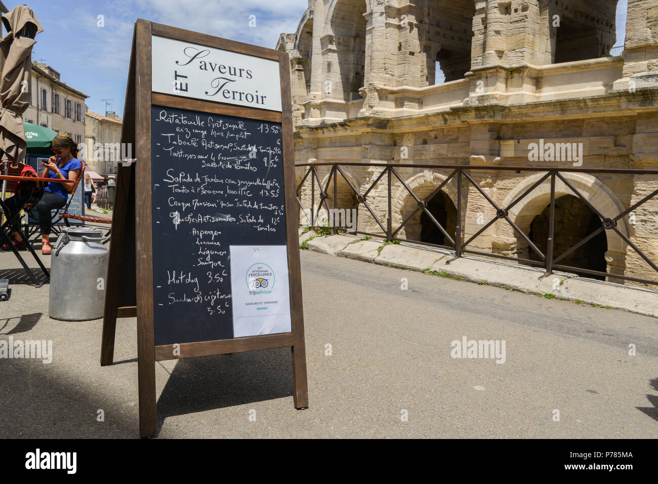 Arles, France - June 16th, 2018: Restaurant menu next to the Arena and Roman Amphitheatre, Arles, Provence, France Stock Photo