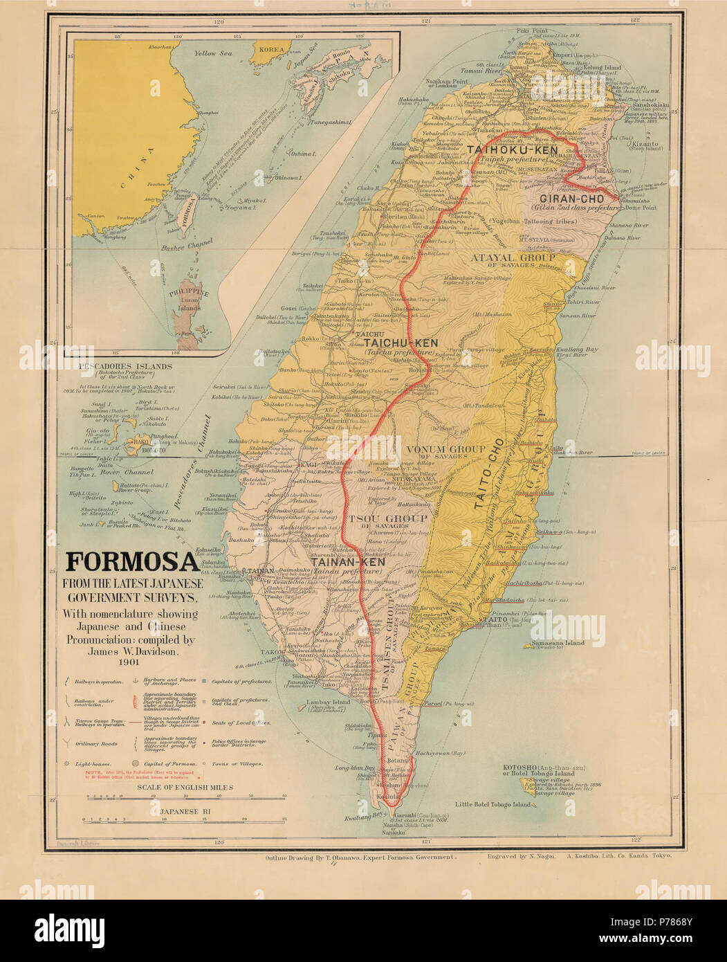 English: 'Formosa from the latest Japanese government surveys.' 1901. Map. Insert to Davidson, James W. (1903) The Island of Formosa, Past and Present : history, people, resources, and commercial prospects : tea, camphor, sugar, gold, coal, sulphur, economical plants, and other productions, London and New York: Macmillan. Note on nomenclature and pronunciation (p. iii): 'The Japanese name is given first, and the Chinese in brackets, with the exception of a few well-known names such as Kelung, Takow, etc., and some English names of islands in the Pescadores.' . 1901 20 Davidson (1901) - General Stock Photo