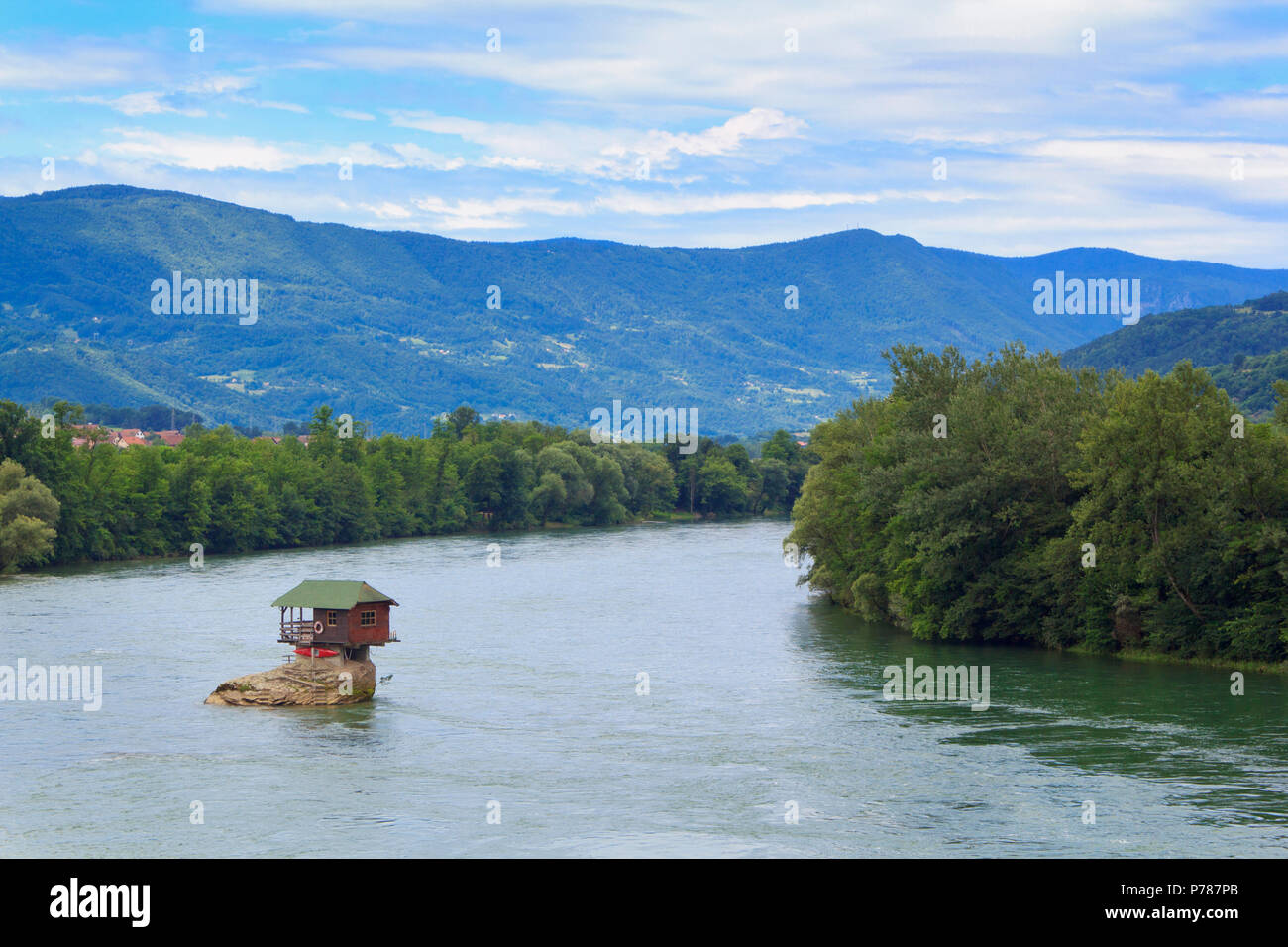 A lonely house on the Drina river near Bajina Basta Stock Photo