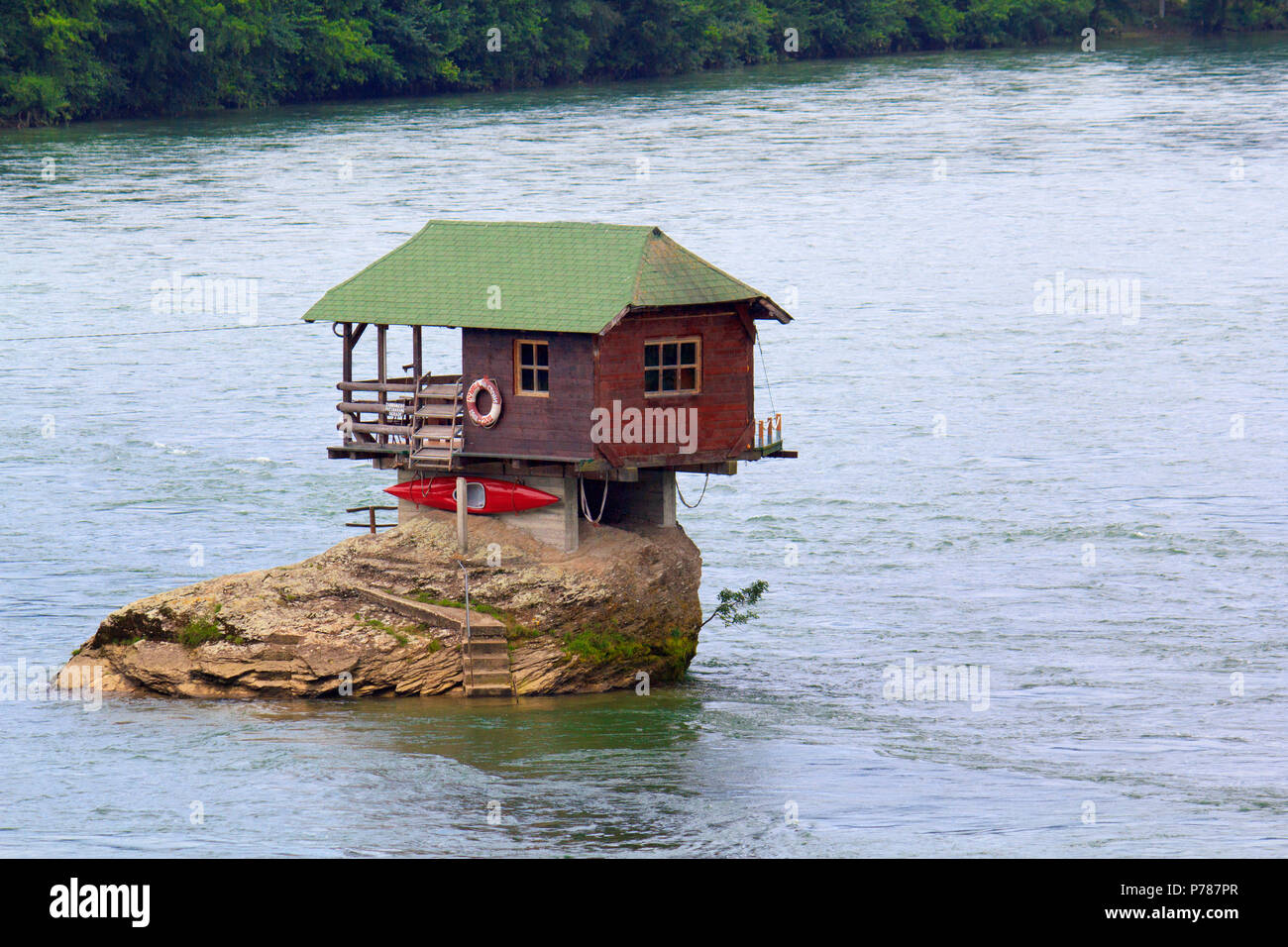 A lonely house on the Drina river near Bajina Basta Stock Photo