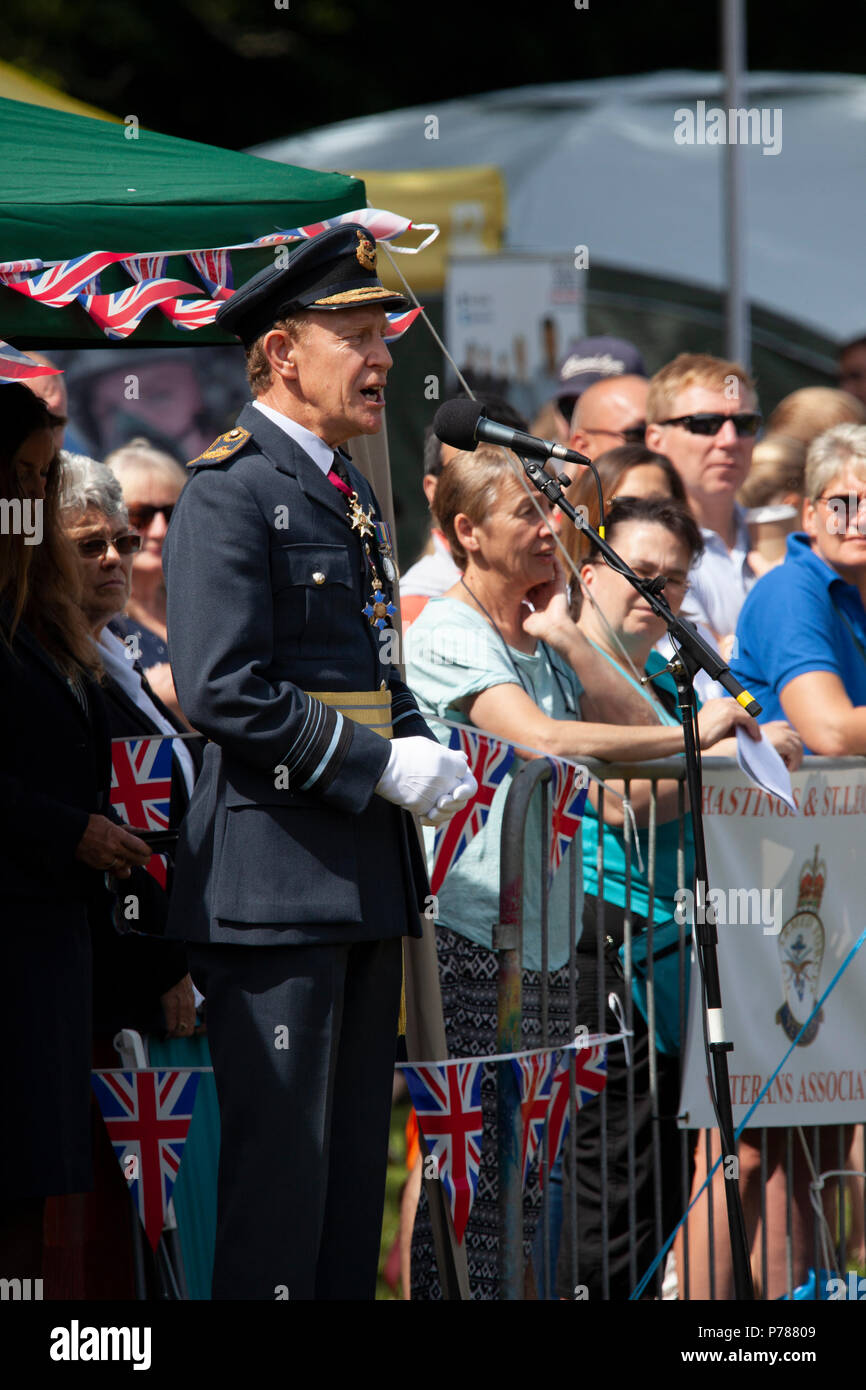 Retired Air marshal Christopher Nickols talks to members of the public attending an armed forces day in hastings, east sussex, uk Stock Photo