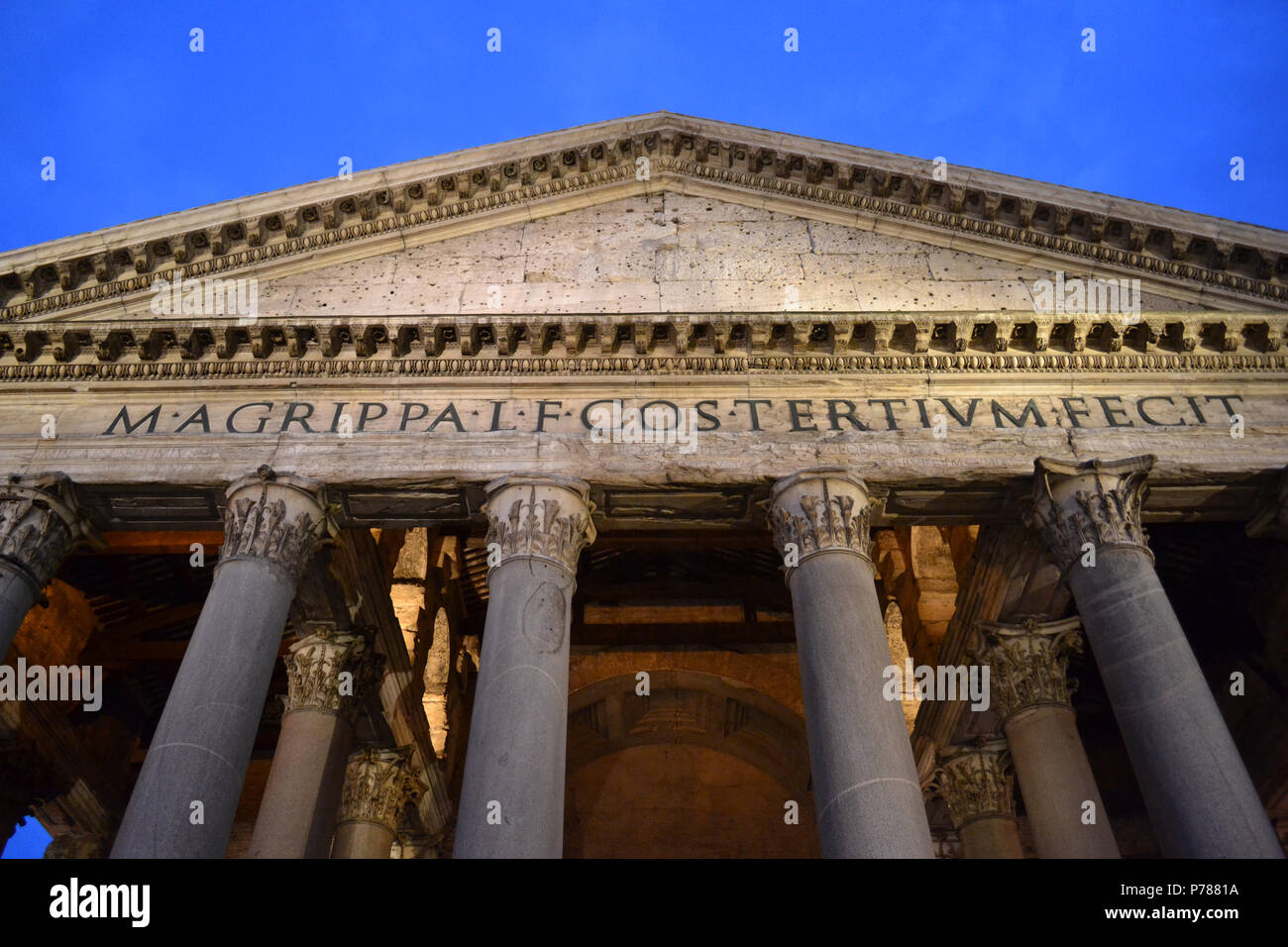Close up of inscription on the Roman Pantheon proclaiming “It was built by Marcos Agrippa in his third consulate”, Rome, Italy Stock Photo